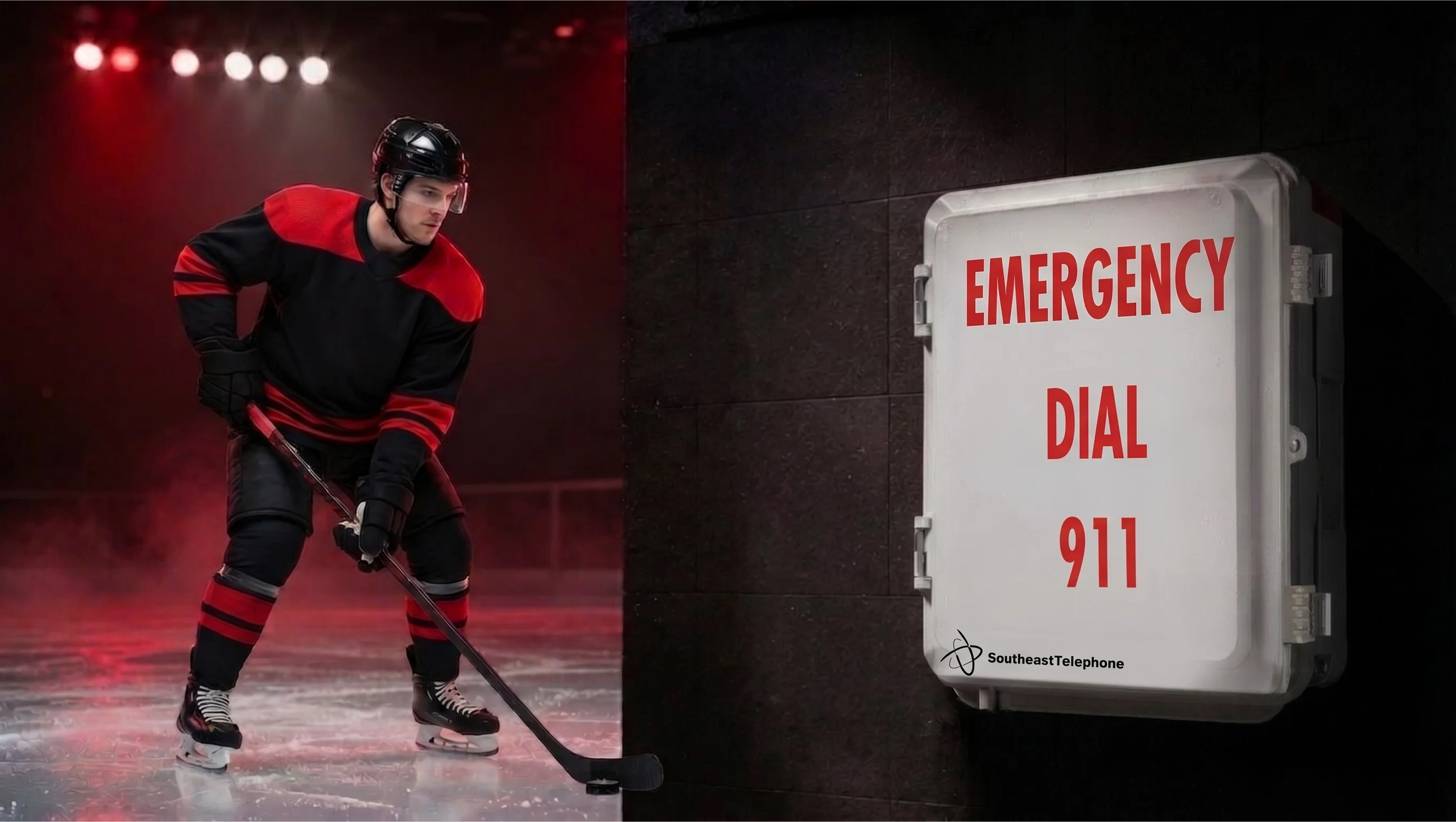 Hockey rink with dramatic red lighting