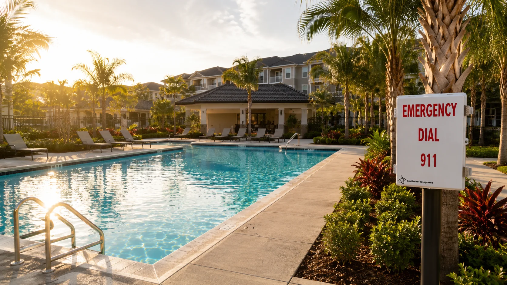 Commercial outdoor swimming pool at a modern apartment complex
