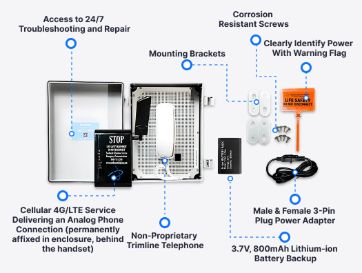 Complete wireless pool phone kit including enclosure, cellular unit, and power adapter