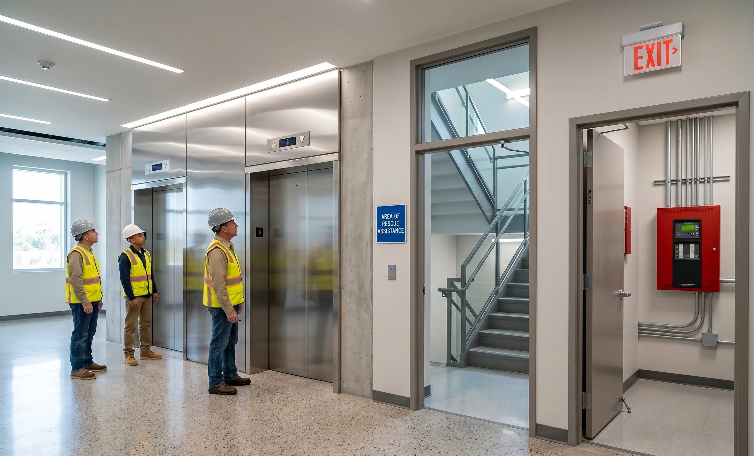 Elevator lobby, stairwell Area of Rescue signage, and fire alarm control panel in new construction