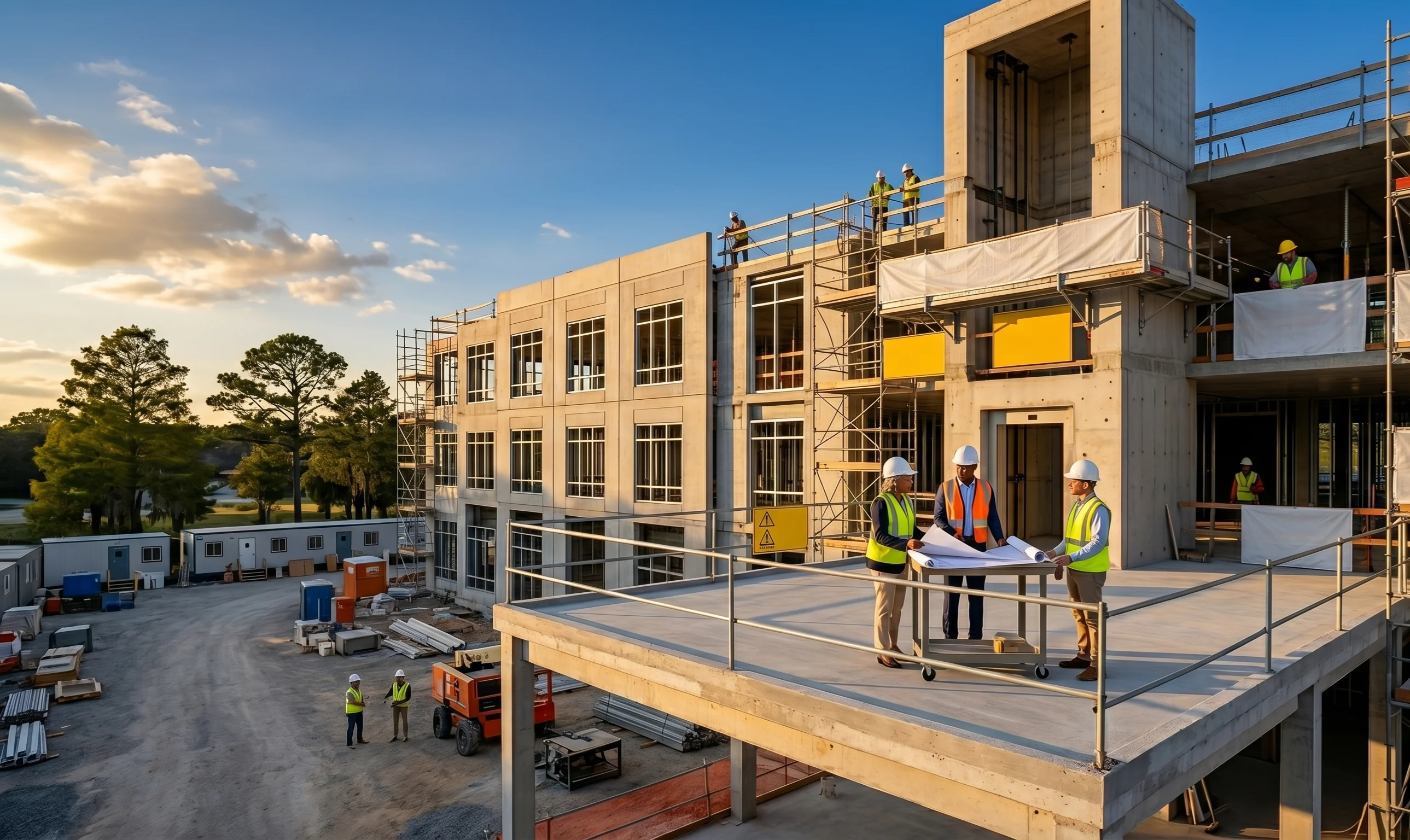 Commercial construction site with life-safety integration planning for builders and contractors