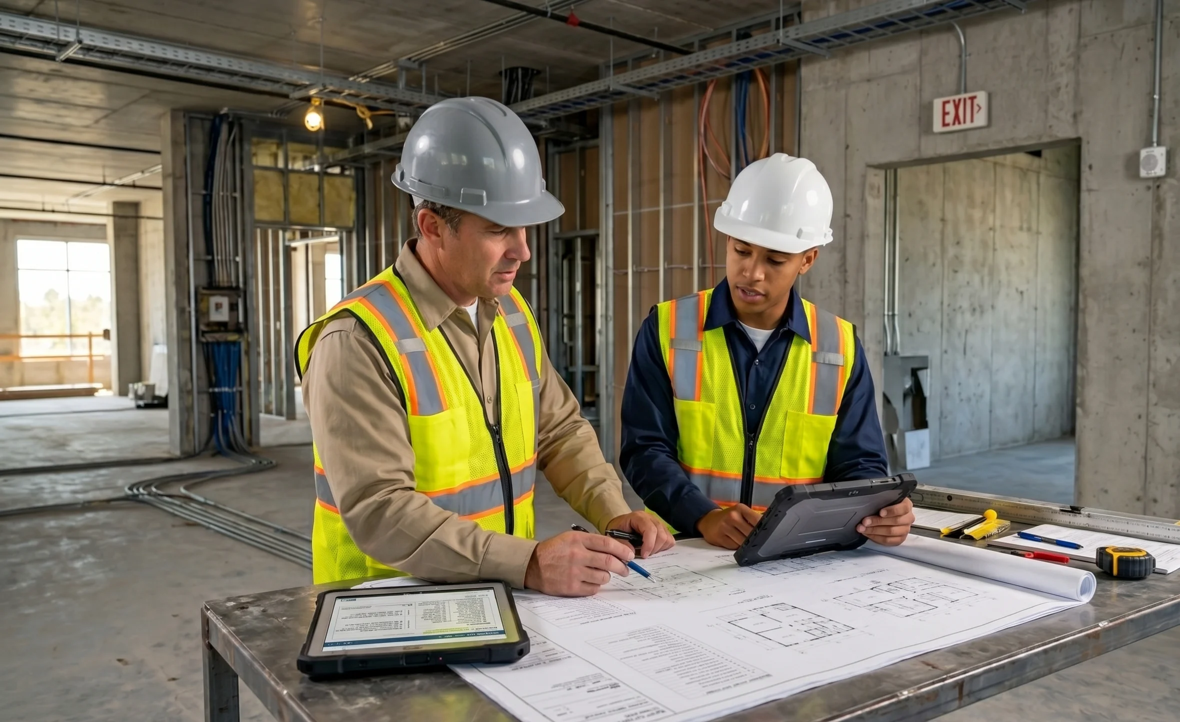 General contractor and technician reviewing life-safety compliance documentation at a construction site