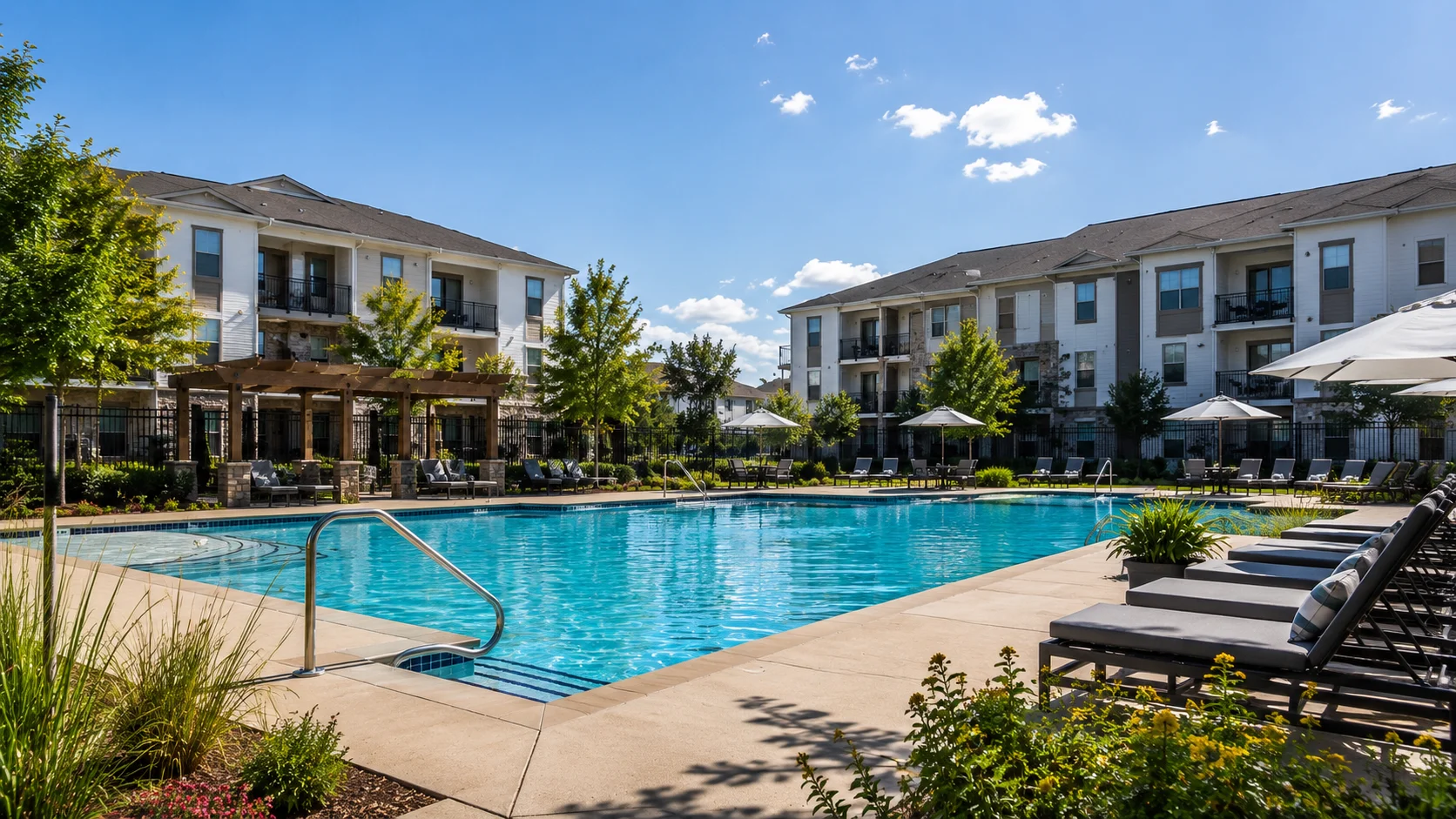 Multifamily apartment community pool with emergency phone safety communication